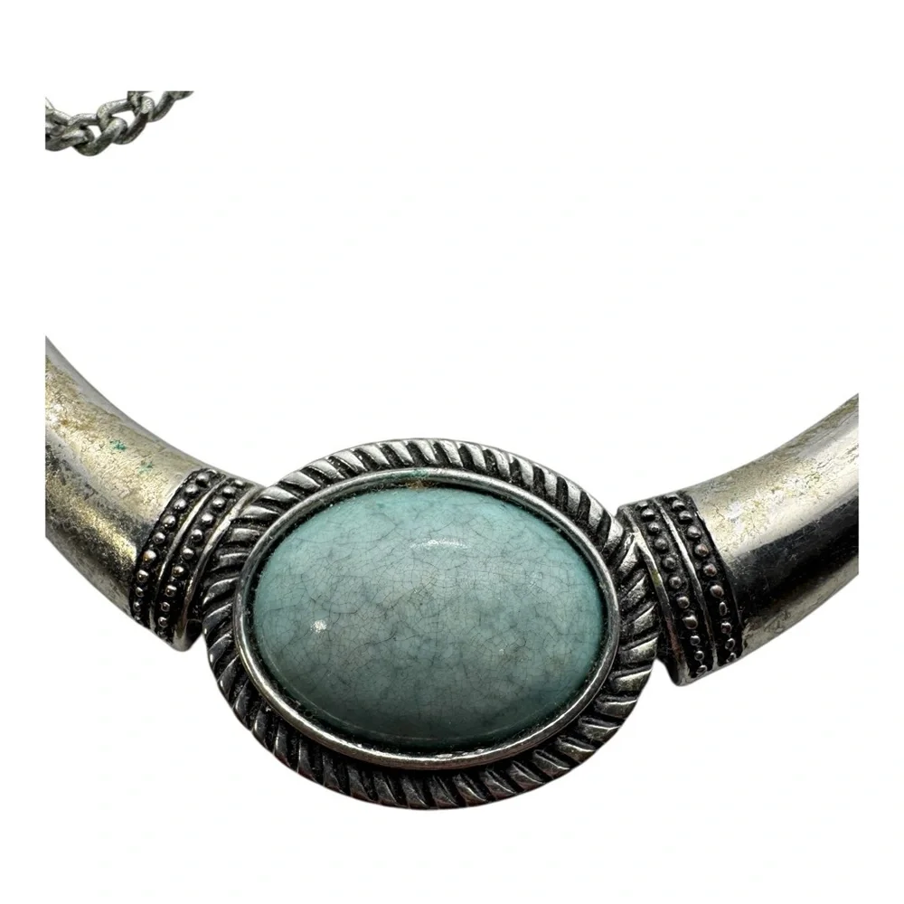 Vintage Silver-Tone Crescent Collar Necklace w/ Blue Crackle Cabochon - Picture 3 of 7